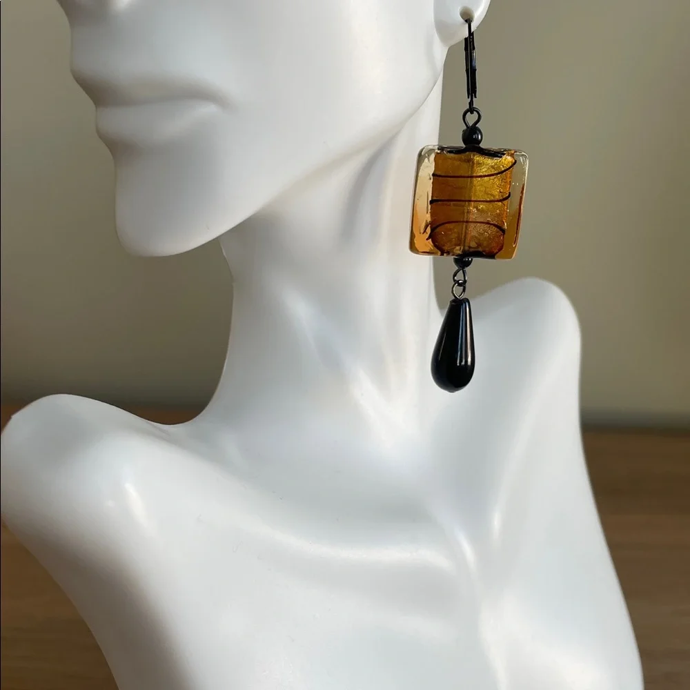HAND CRAFTED DROP EARRINGS Clear Foil-lined Amber Glass Black Onyx Teardrops